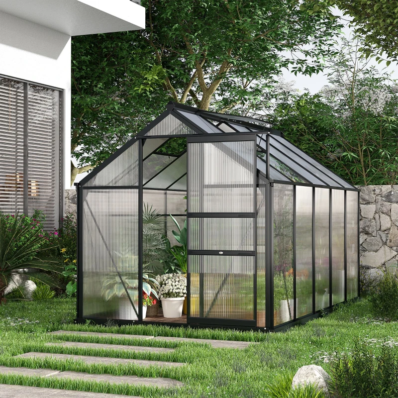 Outsunny 6 x 10ft Polycarbonate Greenhouse, Large Walk-In Green House with Slide Door and Window, Garden Plants Grow House with Aluminium Frame and Foundation, Grey(m-11)