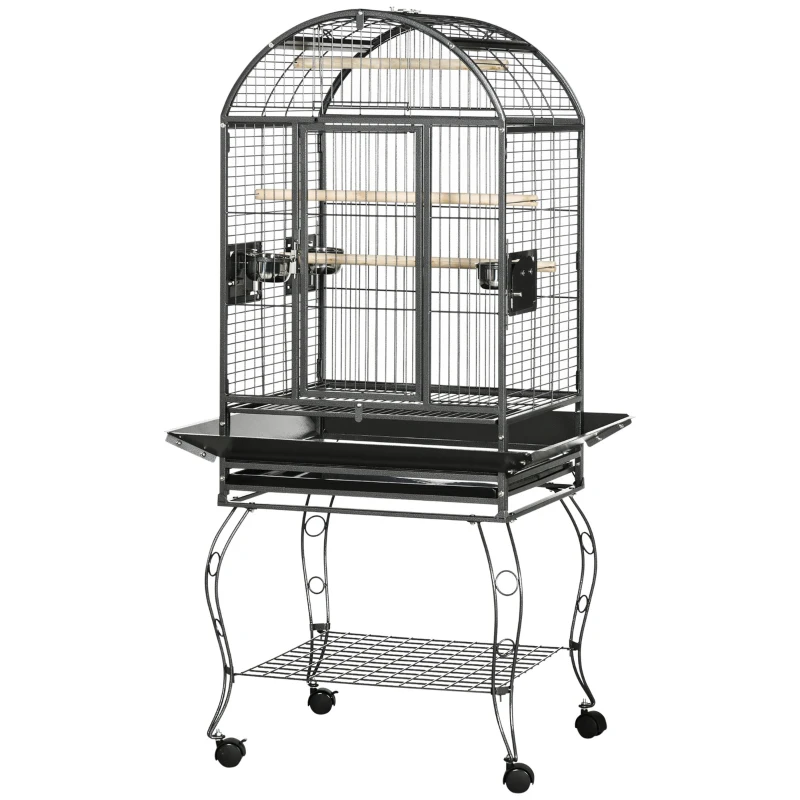 PawHut Gaiola para Pássaros Gaiola de Metal para Aves com 2 Portas Poleiros Bandeja Amovível e 4 Rodas 80x76,5x168 cm Cinza Escuro