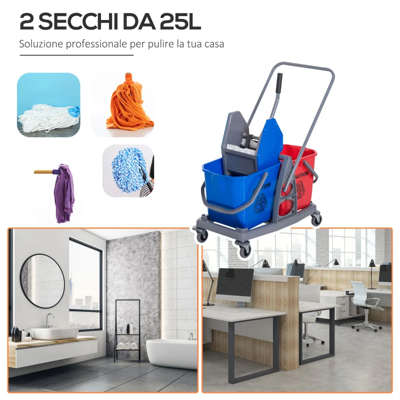 HOMCOM Carrello delle Pulizie Professionale 2 Secchi Capacità 25L Strizzatore 73 × 45 × 92cm