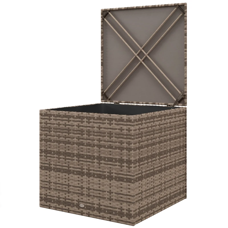 Outsunny Baú de Armazenamento de Vime Sintético 75x75x70 cm Baú de Exterior com Haste de Ar e Estrutura de Aço Carga 50 kg Cáqui