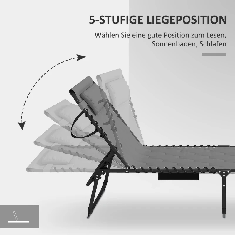 Outsunny Zonnebed Ligstoel Tuinligstoel, inklapbaar, inclusief kussen, weerbestendig; 188 cm x 65 cm x 36 cm, Grijs + Zwart