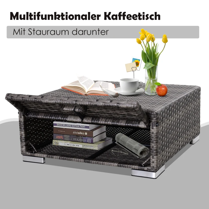 Outsunny Dreiteiliges Gartenmöbel Set, Sofa, Beistelltisch mit Stauraum, 5-Stufig Rückenlehne, PE-Rattan, Grau, (Sofa) 130 x 64 x 62 cm