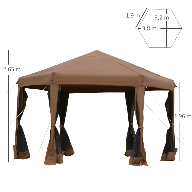 Outsunny 3.2m Pop Up Gazebo Hexagonal Canopy Tent for Outdoor Sun Protection - Includes Mesh Sidewalls and Handy Bag, Brown