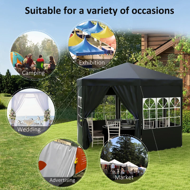 Outsunny 4m Hexagonal Gazebo Canopy Party Tent, Includes 6 Removable Side Walls for Outdoor Events, with Windows and Doors, Black(m-6)