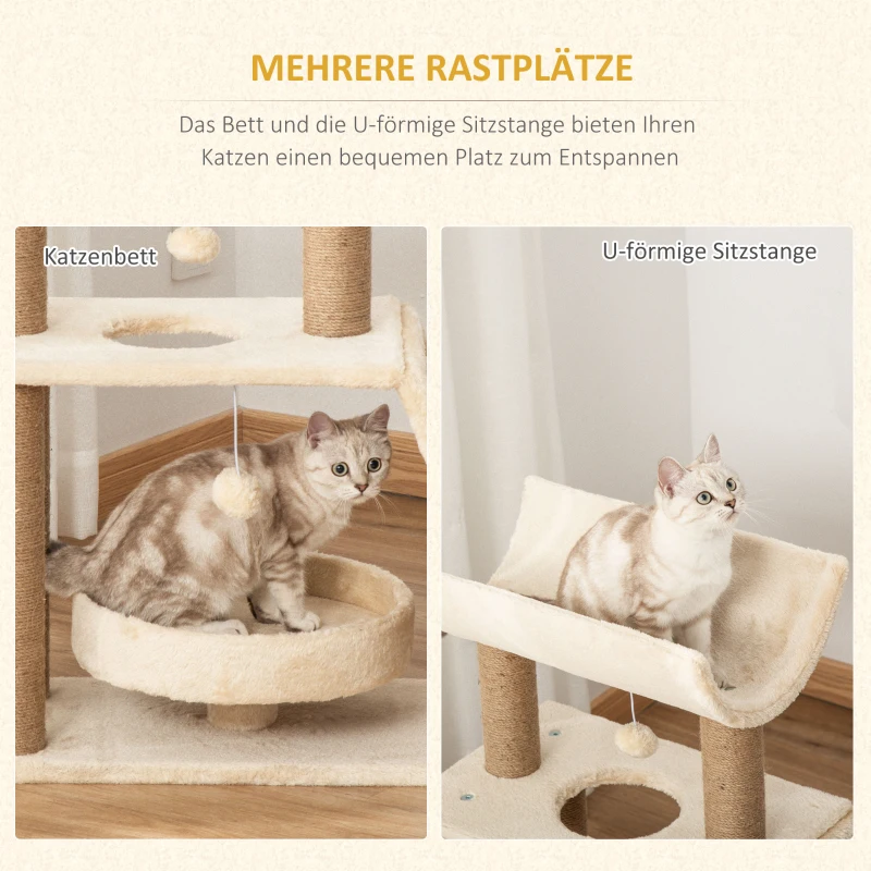 PawHut Drapak dla Kotów, z Zabawką i Legowiskiem dla Kota, 60 cm x 30 cm x 76 cm, Krem + Naturalny