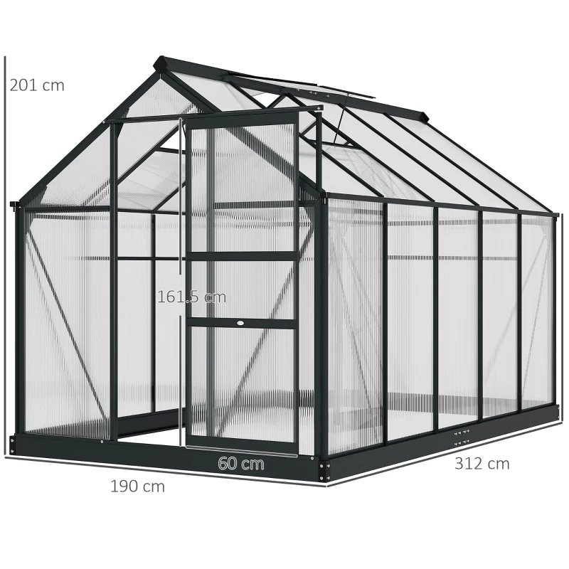 Outsunny 6 x 10ft Polycarbonate Greenhouse, Large Walk-In Green House with Slide Door and Window, Garden Plants Grow House with Aluminium Frame and Foundation, Grey(m-3)