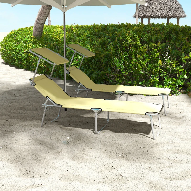 Outsunny Outdoor Foldable Sun Lounger Set of 2, 4 Level Adjustable Backrest Reclining Sun Lounger Chair with Angle Adjust Sun Shade Awning for Beach, Garden, Patio, Beige
