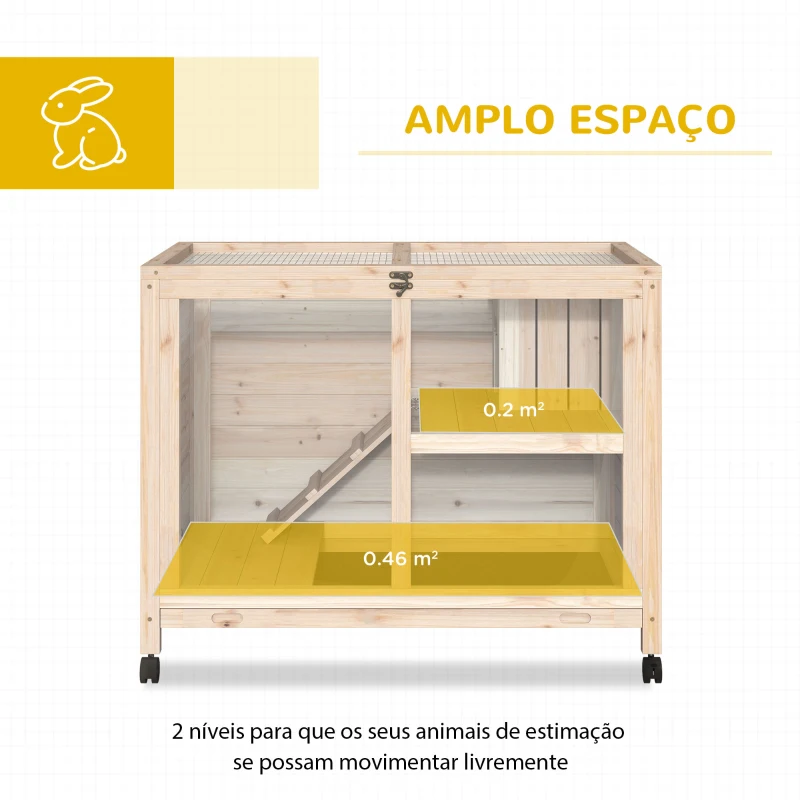 PawHut Coelheira de Madeira com Rodas 91,5x53,5x73cm Gaiola para Coelhos de 2 Níveis com Bandeja Amovível e Rampa Natural