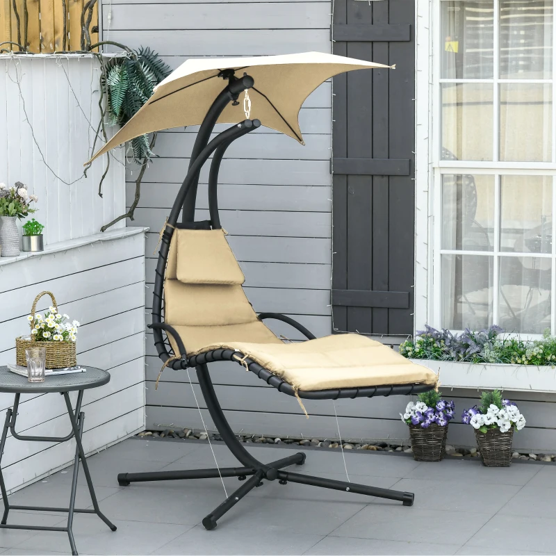 Outsunny Espreguiçadeira Suspensa com Chapéu de Sol com Proteção UV Espreguiçadeira Baloiço Ergonómica para Jardim Pátio 190x110x190cm Bege