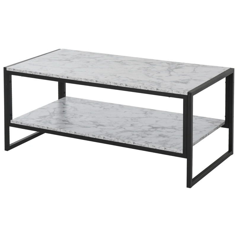 HOMCOM Mesa de Centro Moderno Mesa Baja de Salón con Encimera de Imitación Mármol con Estructura de Metal 106x50x45 cm Blanco