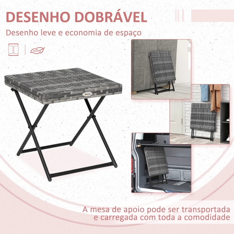 Outsunny Mesa de Jardim em Vime Sintético Mesa Dobrável com Pés Cruzados e Estrutura de Aço para Pátio Varanda 40x40x40 cm Cinza