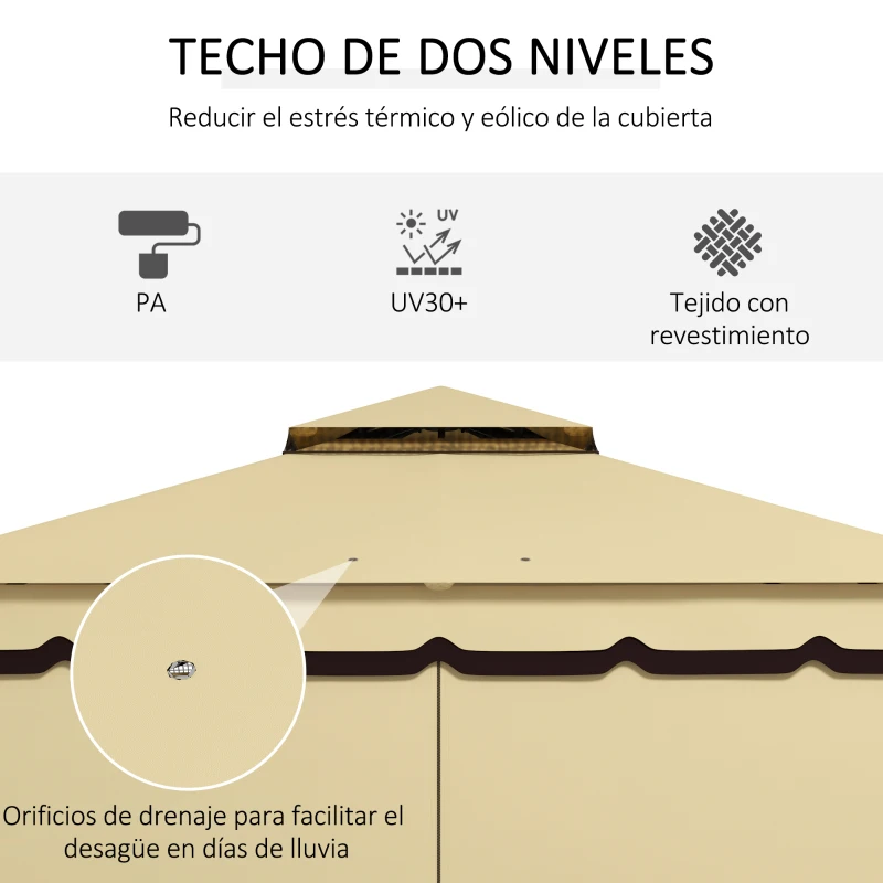 Outsunny Cenador de Jardín 370x300x275 cm con 4 Cortinas Laterales 4 Mosquiteras Doble Techo Impermeable y Anti-UV Beige