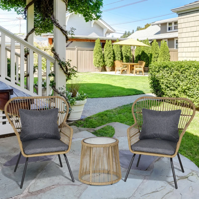 Outsunny 3 Piece Rattan Garden Furniture Set - Includes Cushions, Outdoor Conservatory Dining Set with 2 Chairs and Glass Coffee Table, Brown