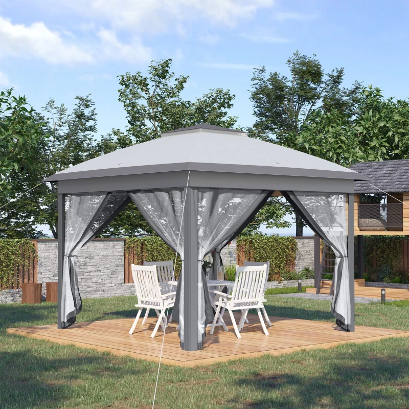 Outsunny 330cm x 330cm Pop Up Canopy, Double Roof Foldable Canopy Tent with Zipped Mesh Sidewalls, Height Adjustable and Carrying Bag, Event Tent for Patio Garden, Grey(m-10)