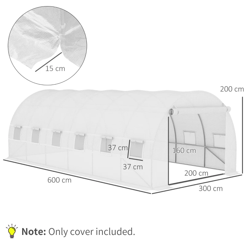 Outsunny Cobertura de Estufa de Túnel 6x3x2m Cobertura de Substituição de Estufa com 12 Janelas e Portas Enroláveis Branco