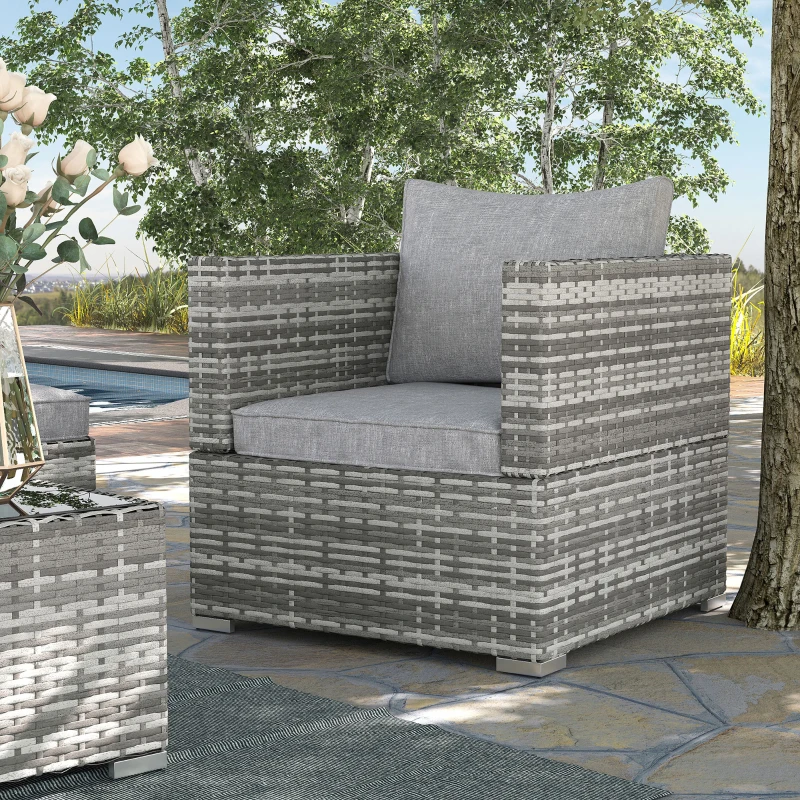 Outsunny Single Seater Rattan Chair Sofa with Padded Cushions, All-Weather PE Wicker Weave Garden Armchair, Armrests Included, Grey