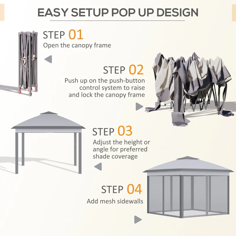 Outsunny 330cm x 330cm Pop Up Canopy, Double Roof Foldable Canopy Tent with Zipped Mesh Sidewalls, Height Adjustable and Carrying Bag, Event Tent for Patio Garden, Grey(m-5)