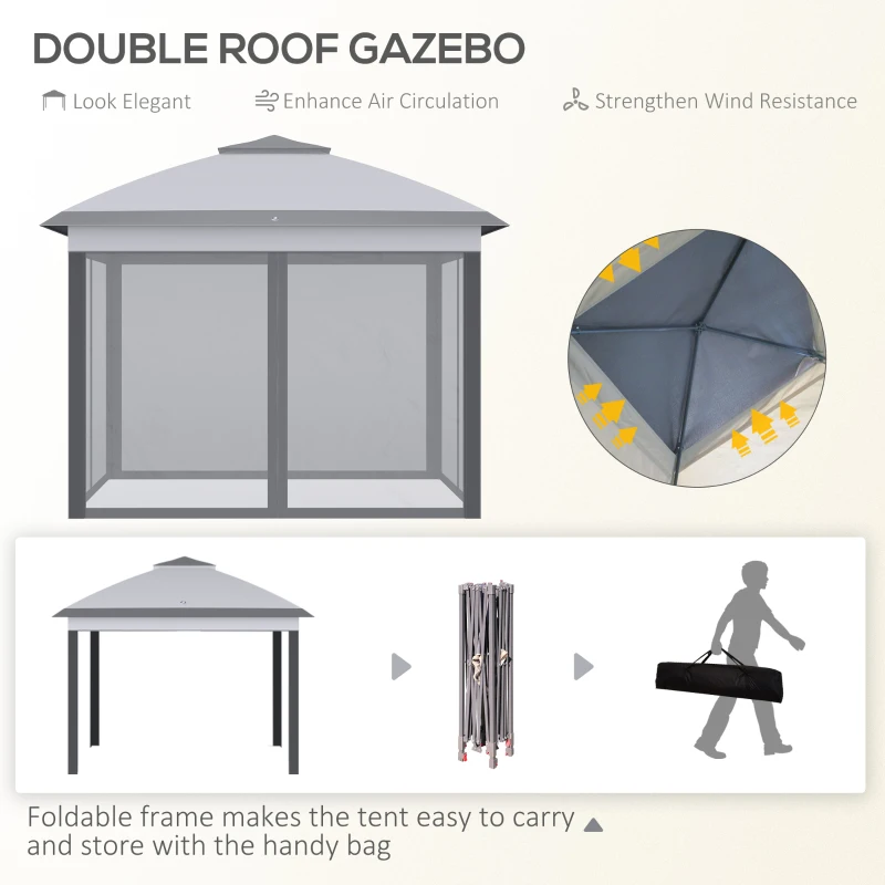 Outsunny 330cm x 330cm Pop Up Canopy, Double Roof Foldable Canopy Tent with Zipped Mesh Sidewalls, Height Adjustable and Carrying Bag, Event Tent for Patio Garden, Grey(m-4)