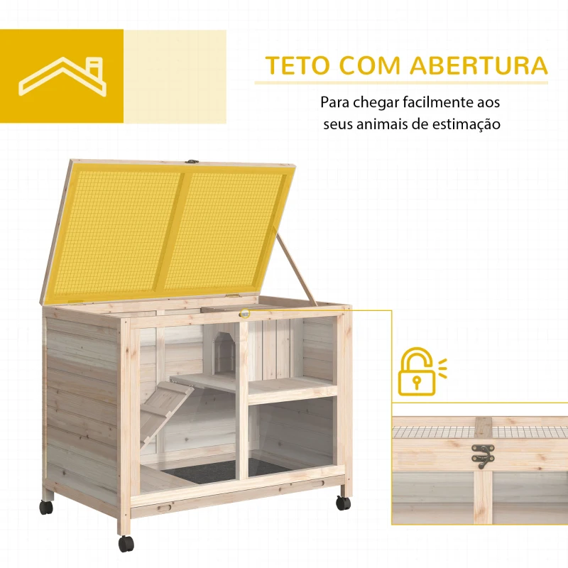 PawHut Coelheira de Madeira com Rodas 91,5x53,5x73cm Gaiola para Coelhos de 2 Níveis com Bandeja Amovível e Rampa Natural