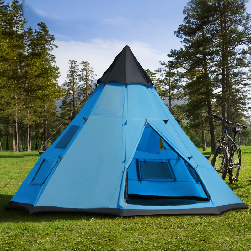 Outsunny 6 Men Tipi Tent, Camping Tent, Teepee Family Tent with Mesh Windows, Sewn-in Tent Floor, Two Doors and Carry Bag, Easy Set Up, for Hiking Picnics Outdoor Night, Blue