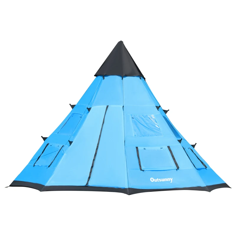 Outsunny 6 Men Tipi Tent, Camping Tent, Teepee Family Tent with Mesh Windows, Sewn-in Tent Floor, Two Doors and Carry Bag, Easy Set Up, for Hiking Picnics Outdoor Night, Blue