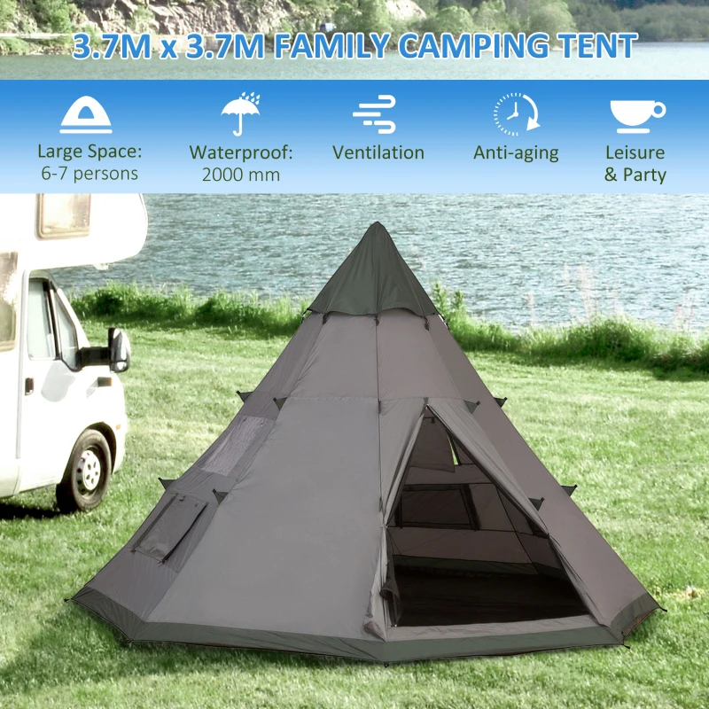 Outsunny 6-Person Outdoor Metal Frame Camping Tent w/ Carrier Bag Grey