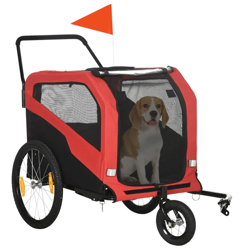 PawHut 2-in-1 Hundeanhänger Hundebuggy bis 30kg klappbar und lagerbar Lenker Fußstütze Reflektoren Sicherheitsfahne 170 cm x 77 cm x 90 cm Rot(m-10)