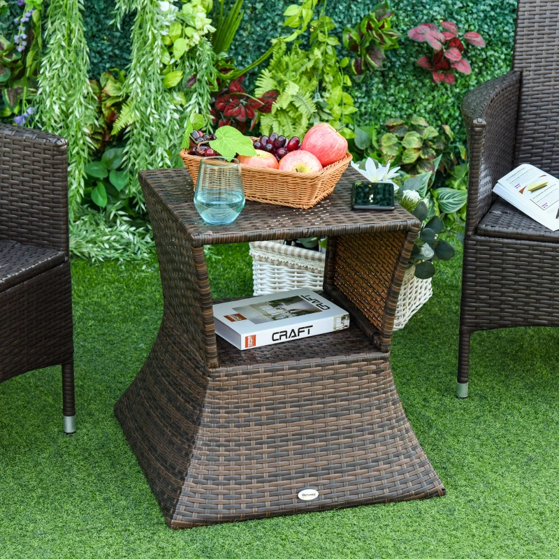 Outsunny Outdoor Patio Rattan Wicker Coffee Table Bistro Side Table with Umbrella Hole and Storage Space, Brown