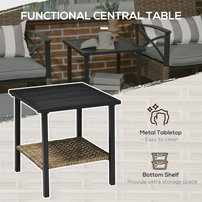 Outsunny 5 Piece PE Rattan Garden Furniture Set - Includes 2 Armchairs, 2 Stools, and Steel Tabletop with Wicker Shelf, Padded Outdoor Seating, Grey