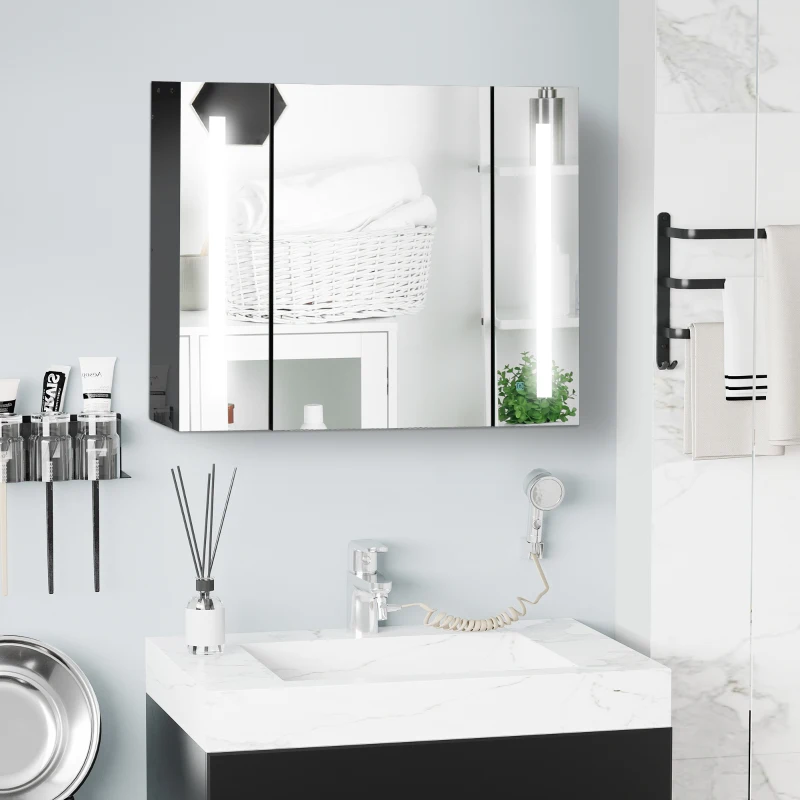 kleankin LED Bathroom Cabinet with Mirror, Wall Mounted Dimmable Brightness Storage Organiser with 3 Mirrored Doors and Adjustable Shelves, Memory Function, USB Charge, High Gloss Black