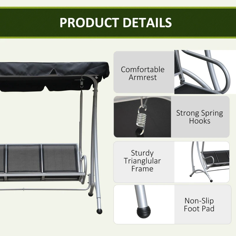 Outsunny 3-Seat Patio Swing Chair, Outdoor Canopy Swing with Stand, Adjustable Shade, Steel Frame for Adults, Garden, Poolside, Black