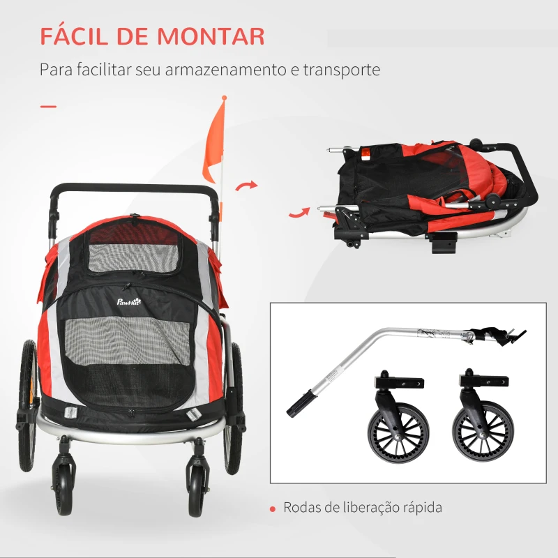 PawHut Reboque de Bicicleta para Cães Dobrável 2 em 1 Carrinho para Cães de Alumínio com Guiador Ajustável Bandeira e 6 Refletores Carga Máxima 40kg 150x82x98cm Vermelho