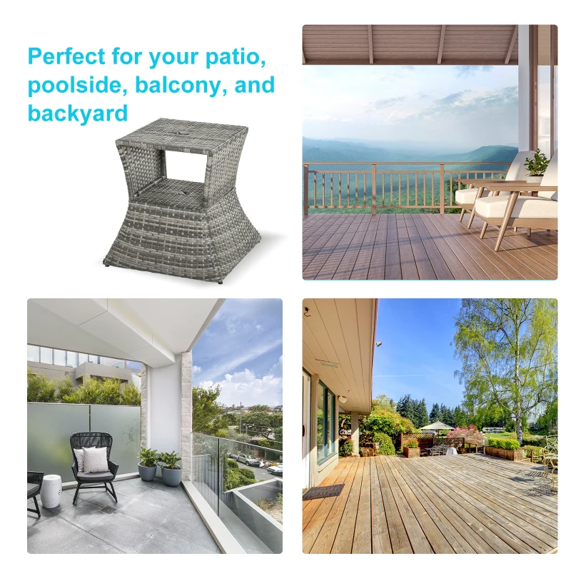 Outsunny Outdoor Patio Rattan Wicker Coffee Table Bistro Side Table with Umbrella Hole and Storage Space, Grey