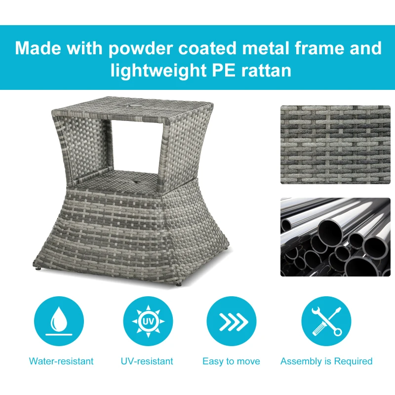 Outsunny Outdoor Patio Rattan Wicker Coffee Table Bistro Side Table with Umbrella Hole and Storage Space, Grey