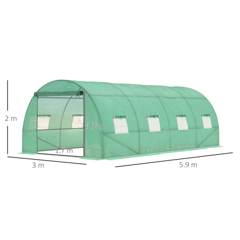 Outsunny Walk-in Polytunnel Greenhouse - Outdoor Garden Tunnel Greenhouse Tent with Zipped Roll-Up Door and 8 Mesh Windows, 6 x 3M