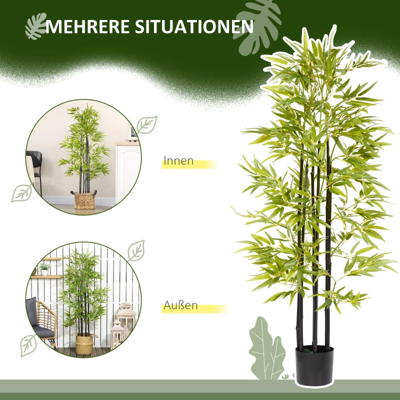 HOMCOM Kunstpflanze, künstlicher Bambus, inkl. Übertopf, 17 cm x 17 cm x 150 cm, Grün+ Braun + Schwarz