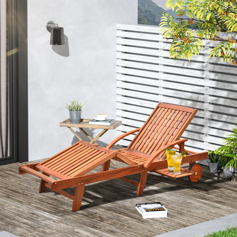 Outsunny Transat Pliable à Roulettes en Bois Marron 195 x 70 x 85 cm