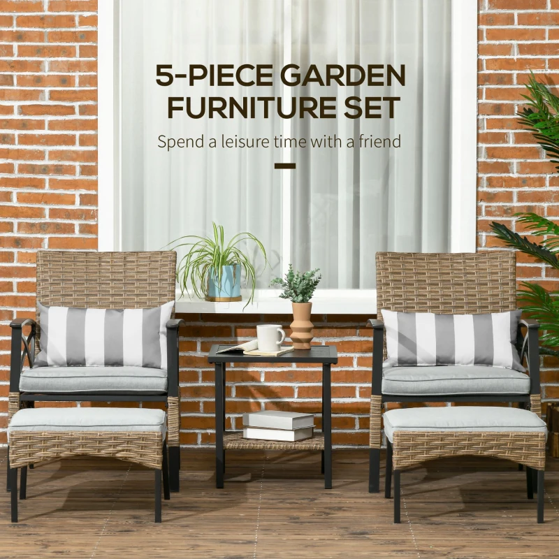 Outsunny 5 Piece PE Rattan Garden Furniture Set - Includes 2 Armchairs, 2 Stools, and Steel Tabletop with Wicker Shelf, Padded Outdoor Seating, Grey