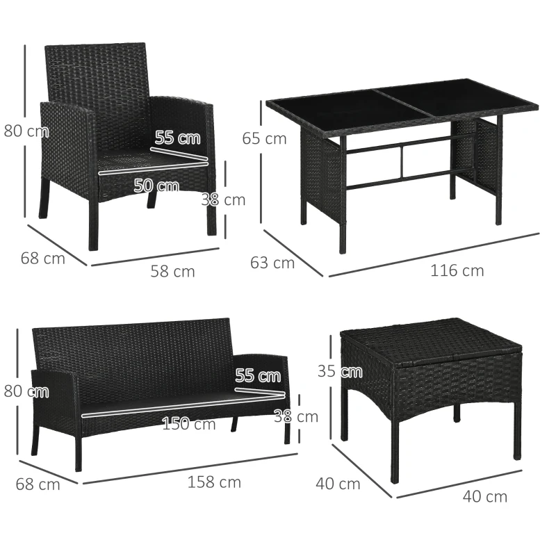 Outsunny 5 Seater Rattan Garden Furniture Set with Cushions, 6 Piece Patio Rattan Furniture Sofa Set with Armchairs,  Footstools, Glass Table for Conservatory, Cream White