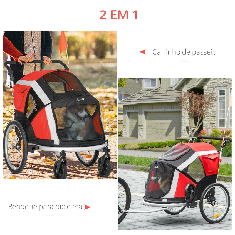 PawHut Reboque de Bicicleta para Cães Dobrável 2 em 1 Carrinho para Cães de Alumínio com Guiador Ajustável Bandeira e 6 Refletores Carga Máxima 40kg 150x82x98cm Vermelho
