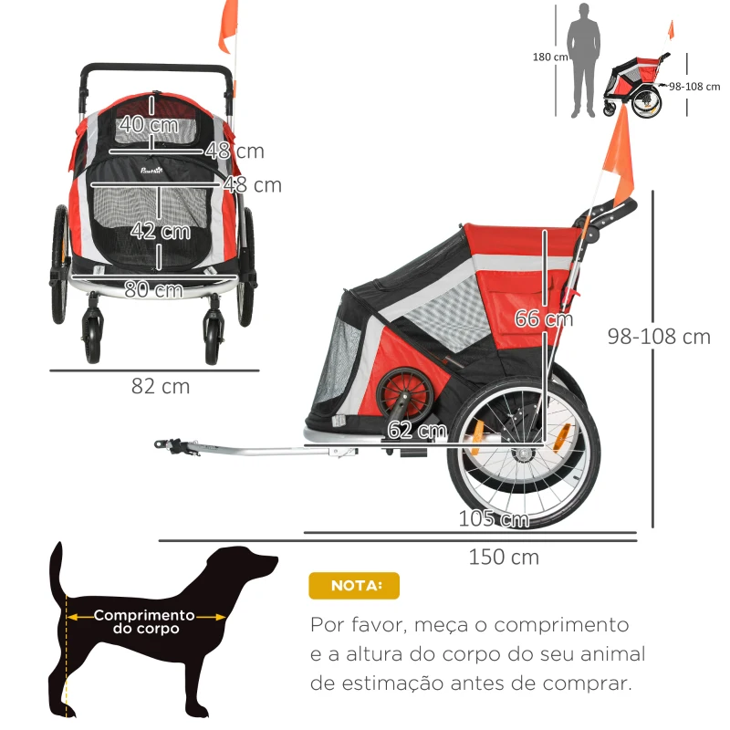 PawHut Reboque de Bicicleta para Cães Dobrável 2 em 1 Carrinho para Cães de Alumínio com Guiador Ajustável Bandeira e 6 Refletores Carga Máxima 40kg 150x82x98cm Vermelho