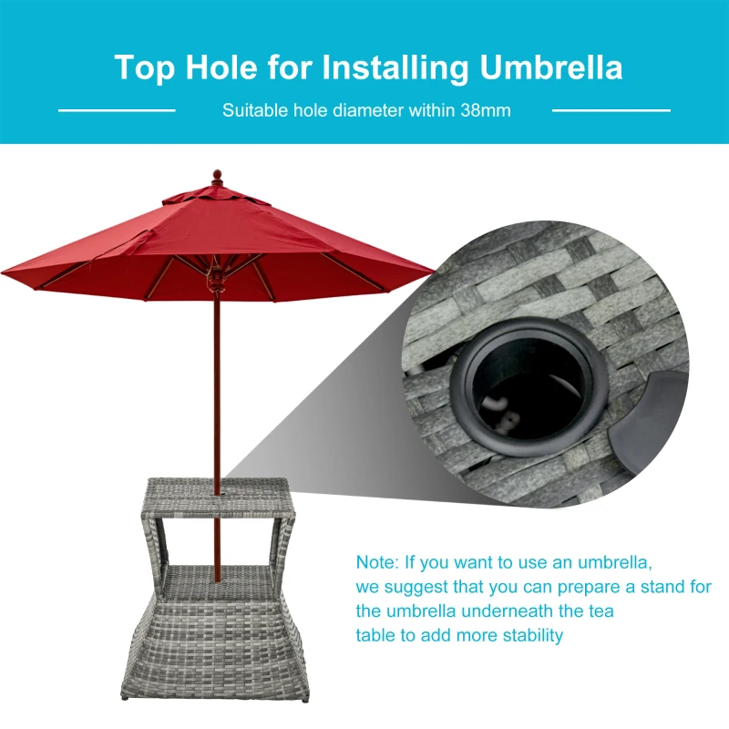 Outsunny Outdoor Patio Rattan Wicker Coffee Table Bistro Side Table with Umbrella Hole and Storage Space, Grey