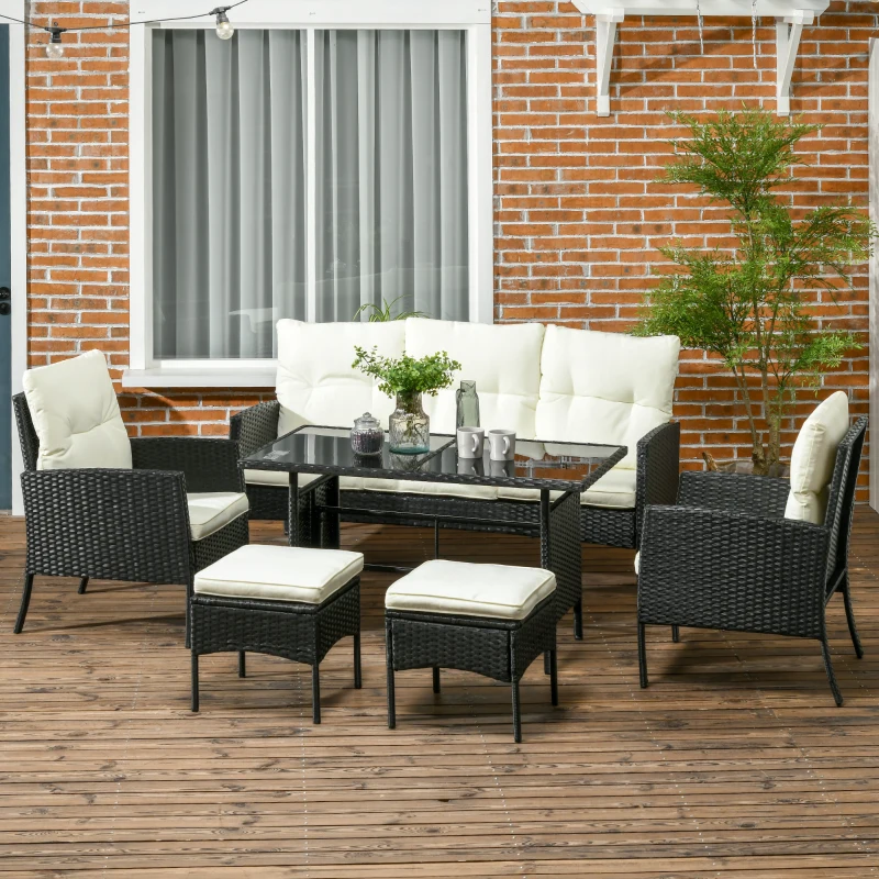 Outsunny 5 Seater Rattan Garden Furniture Set with Cushions, 6 Piece Patio Rattan Furniture Sofa Set with Armchairs,  Footstools, Glass Table for Conservatory, Cream White
