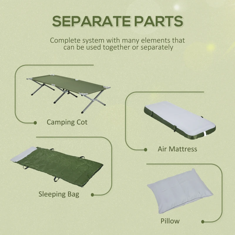 Outsunny Pat Pliabil pentru Camping, Pat cu Sac de Dormit, Saltea Gonflabilă, Pernă și Geantă de Transport, 193x86x43/63 cm, Verde