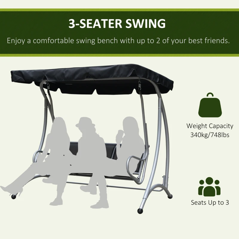 Outsunny 3-Seat Patio Swing Chair, Outdoor Canopy Swing with Stand, Adjustable Shade, Steel Frame for Adults, Garden, Poolside, Black