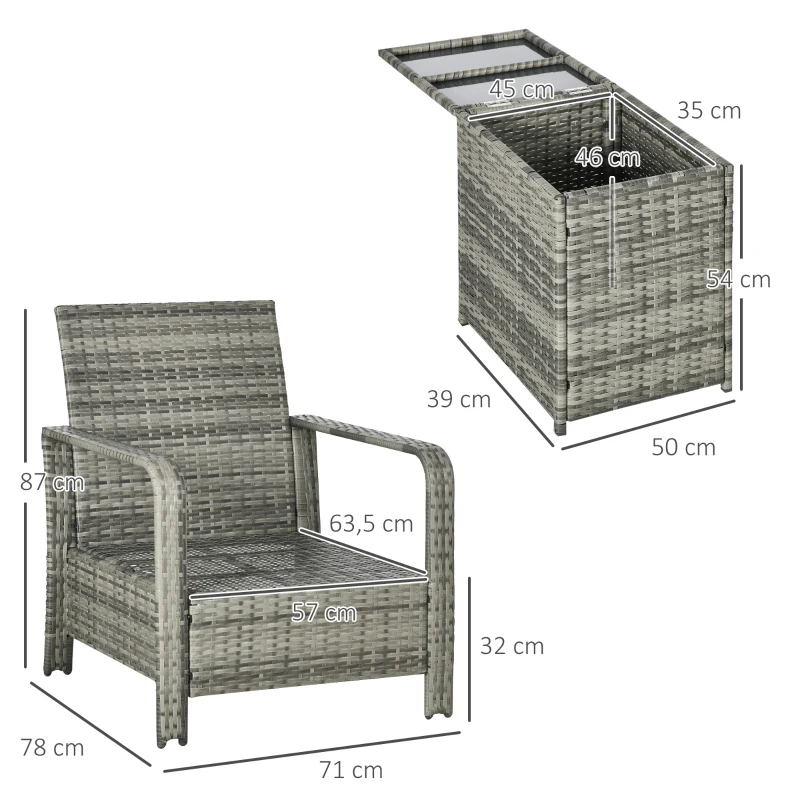 Outsunny 3 pcs PE Rattan Wicker Garden Furniture Patio Bistro Set - Weave Conservatory Sofa, Storage Table, and Chairs Set, Blue