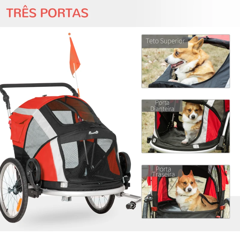 PawHut Reboque de Bicicleta para Cães Dobrável 2 em 1 Carrinho para Cães de Alumínio com Guiador Ajustável Bandeira e 6 Refletores Carga Máxima 40kg 150x82x98cm Vermelho