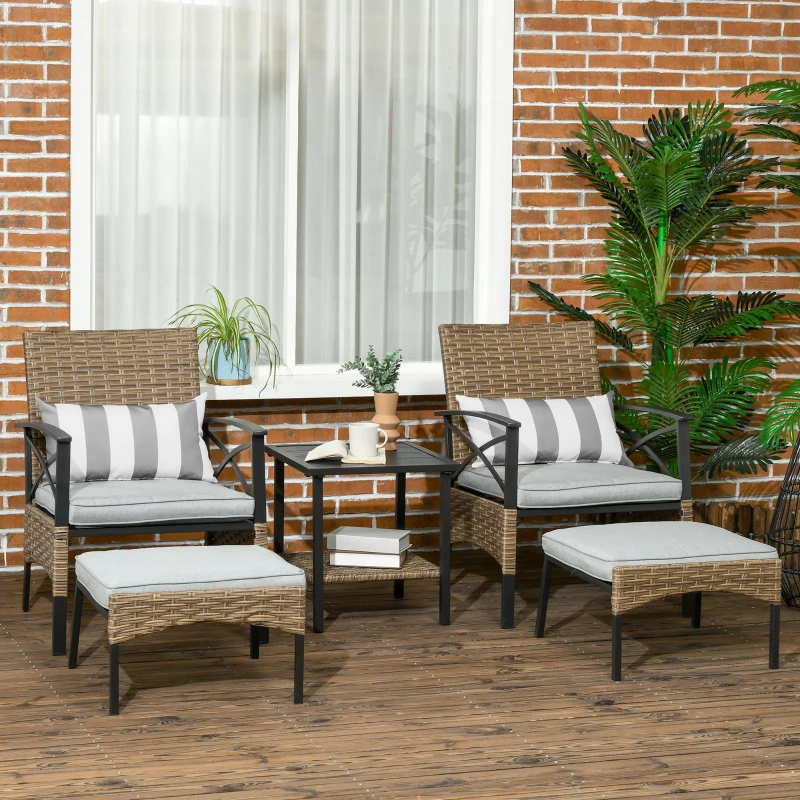 Outsunny 5 Piece PE Rattan Garden Furniture Set - Includes 2 Armchairs, 2 Stools, and Steel Tabletop with Wicker Shelf, Padded Outdoor Seating, Grey