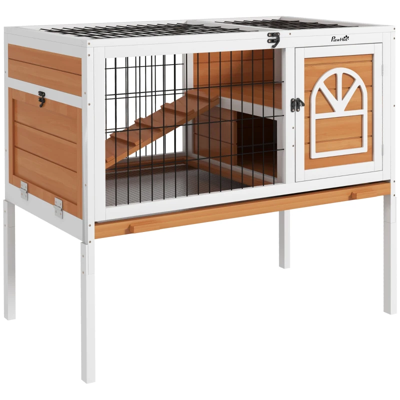 PawHut Wooden Rabbit Hutch, Guinea Pig Cage, with Removable Tray, Openable Roof