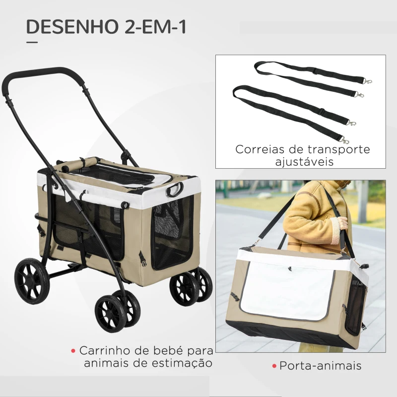 PawHut Carrinho para Animais de Estimação Carrinho para Cães Dobrável com Compartimento Desmontável 4 Portas 81x58x97,5 cm Cáqui